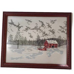 Country Barn Winter Scene Cross Stitch Completed